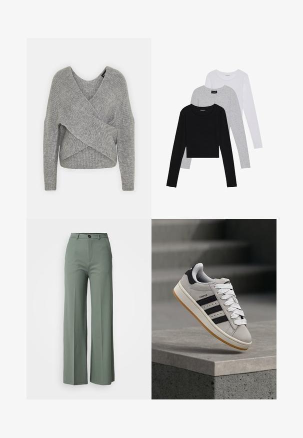 Hallide hallhargus, sügava V-kaelusega, pikkade varrukatega ja ribatrepiga. Valmistatud pehmest kudumismetallist, millel on kihiline, asümmeetriline disain.; Kolm pikkade varrukatega toppi, mis on üksteise peale asetatud: must, hall ja valge. Igal ühel on ümar kaelus ja lühike disain, valmistatud siledast, kergekaalulisest kangast.; Laiad püksid häguses rohelises kangas, mis on varustatud esise nupu sulgemisega ja siledaga tekstuuriga. Ilma nähtavate mustrite või aktsendita.; Hall Adidas Campus spordijalats mustade triipude ja valgete paeltega, mis hõljub betoonist ääre kohal, kus taustal on trepid.