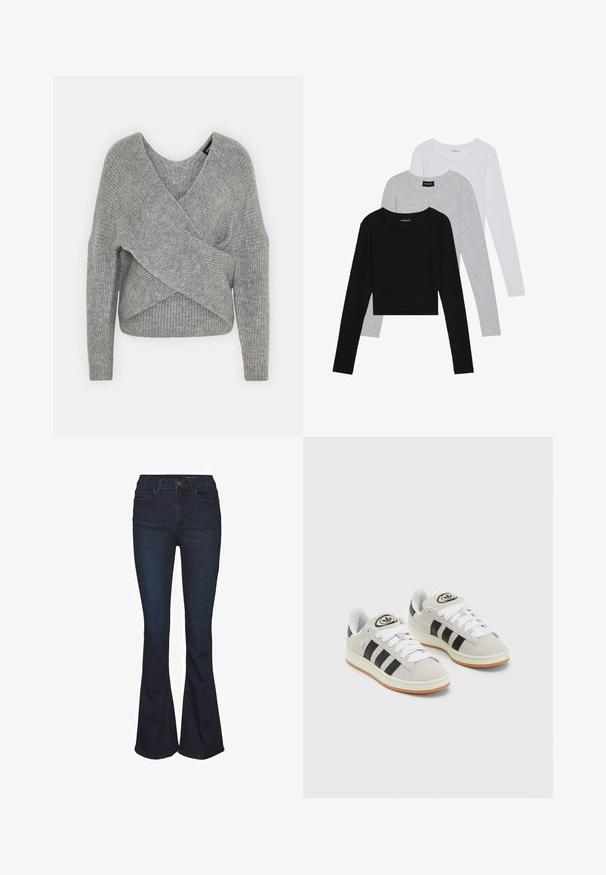 Pelēka apvalka džemperis ar dziļu V veida kakla izgriezumu, garām piedurknēm un ribu tekstūru. Izgatavots no mīksta adījuma materiāla ar slāņotu, asimetrisku dizainu.; Trīs garām piedurknēm veidotas augšdaļas, sakrautās: melna, pelēka un balta. Katram ir noapaļots kakla izgriezums un īsa dizaina forma ar gludu, vieglu audumu.; Tumši zili plati džinsa džinsi ar augstu vidukli, pieciem kabatām un smalkām šuvju detaļām. Gluda tekstūra ar klasisku dizainu.; Pelēkas zamšādas kedas ar baltām saites, melnām svītrām un baltu gumijas zoli. Raksturīga apļa logo uz mēles un gumijas zole.