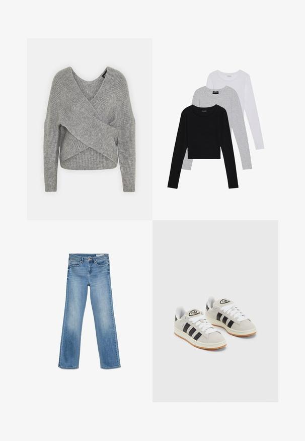 Pilkas aptraukiamas megztinis su giliu V formos iškirpimu, ilgomis rankovėmis ir riešutiniu tekstūru. Pagamintas iš minkštos megztos medžiagos su sluoksniuota, asimetrine konstrukcija.; Trijų ilgomis rankovėmis marškinėlių krūva: juodas, pilkas ir baltas. Kiekvienas turi apvalų iškirpimą ir trumpą dizainą, pagamintas iš lygaus, lengvo audinio.; Šviesiai mėlyni džinsai su klasikiniu penkių kišenių dizainu, mygtuko ir užtrauktuko uždarymu, tiesiomis kojomis.; Grynos zomšos sneakeriai su baltais raišteliais, juodomis juostelėmis ir balta gumine sole. Turintys apskritą logotipą ant liežuvėlio ir guminę sole.