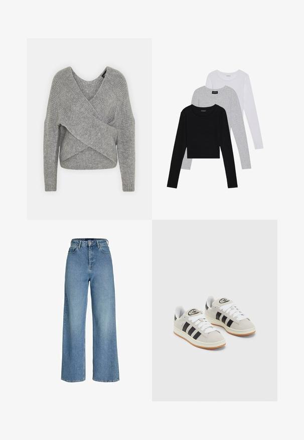 Siva ovitek pulover z globokim V-izrezom, dolgimi rokavi in ribasto teksturo. Narejen iz mehke pletene tkanine z plastnim, asimetričnim dizajnom.; Tri dolga rokava zložena: črna, siva in bela. Vsaka ima okroglo izreznico in skrajšan dizajn z gladkim, lahkotnim materialom.; Svetlo modre hlače z visokim pasom in širokimi hlačnicami, izdelane iz denima. Funkcije vključujejo zapiranje z gumbom spredaj in subtilno zbledelost.; Sive športne čevlje iz semiša z belimi vezalkami, črnimi črtami in belim gumijastim podplatom. Imajo okroglo oznako na ježku in podplat iz gume.