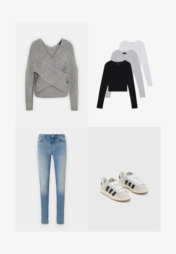 Suéter gris envolvente con un profundo escote en V, mangas largas y textura acanalada. Fabricado con un material de punto suave y un diseño asimétrico en capas.; Tres camisetas de manga larga apiladas: negra, gris y blanca. Cada una tiene un escote redondo y un diseño recortado con una tela suave y ligera.; Jeans ajustados de mezclilla azul claro, con un lavado desgastado, diseño clásico de cinco bolsillos y cremallera con botón.; Zapatillas de ante gris con cordones blancos, rayas negras y suela de goma blanca. Presentan un logo circular en la lengüeta y una suela de goma.