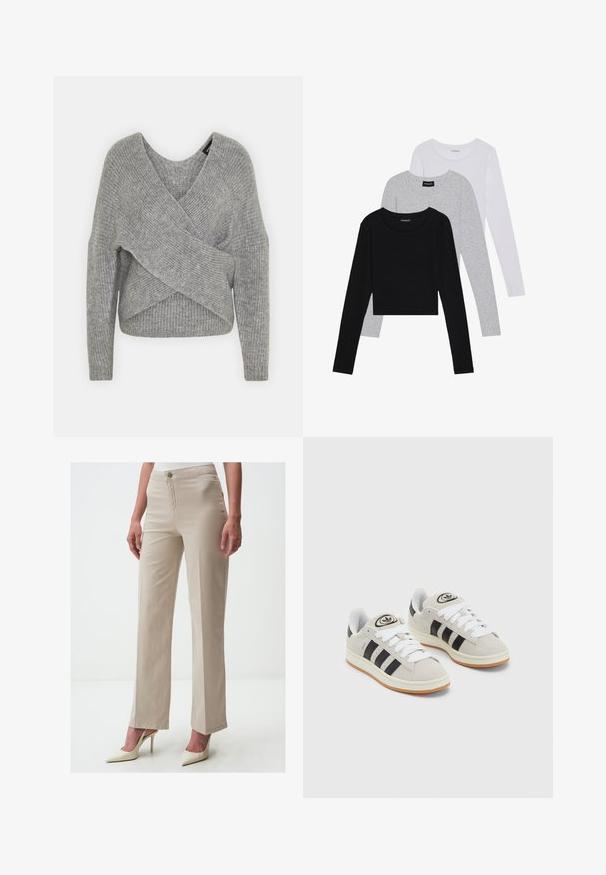 Grijze wikkeltrui met een diepe V-hals, lange mouwen en ribbelstructuur. Gemaakt van een zachte gebreide stof met een gelaagd, asymmetrisch ontwerp.; Drie langmouwige tops gestapeld: zwart, grijs en wit. Elke top heeft een ronde halslijn en een cropped ontwerp van soepel, lichtgewicht materiaal.; Beige rechte pijpen broek van een katoenmix, met een gladde textuur en een knoopsluiting aan de voorkant, gecombineerd met witte puntige hakken.; Grijze nubucklederen sneakers met witte veters, zwarte strepen en een witte rubberen zool. Bevat een rond logo op de tong en een gumzool.
