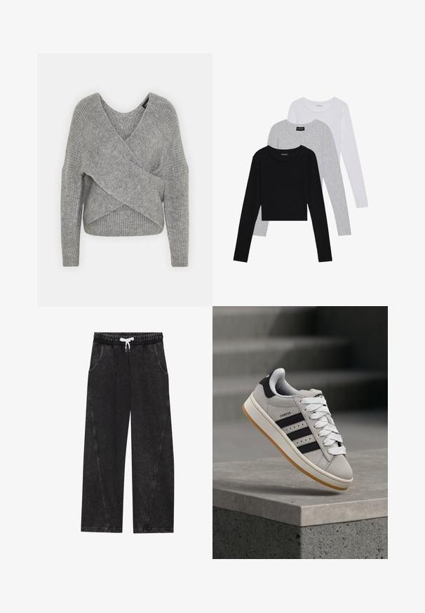 Gray wrap sweater with a deep V-neck, long sleeves, and ribbed texture. Made from a soft knit material with a layered, asymmetrical design.; Three long-sleeve tops stacked: black, grey, and white. Each has a round neckline and a cropped design with smooth, lightweight fabric.; Black, wide-leg pants made of a textured fabric. Features an elastic waistband with a white drawstring and front pockets with diagonal seams.; Gray Adidas Campus sneaker with black stripes and white laces floating above a concrete ledge with stairs in the background.