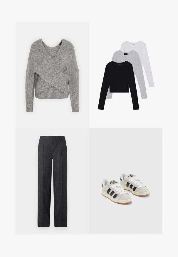 Pull en gris avec un col en V profond, des manches longues et une texture côtelée. Fabriqué en matériau tricoté doux avec un design asymétrique superposé.; Trois hauts à manches longues empilés : noir, gris et blanc. Chacun a un col rond et un design court avec un tissu lisse et léger.; Pantalons ajustés gris foncé avec un design à jambes droites, en tissu texturé avec de subtiles speckles. Présente un devant plat et des passants de ceinture.; Baskets en suède gris avec des lacets blancs, des rayures noires et une semelle en caoutchouc blanc. Présentent un logo circulaire sur la languette et une semelle en gomme.