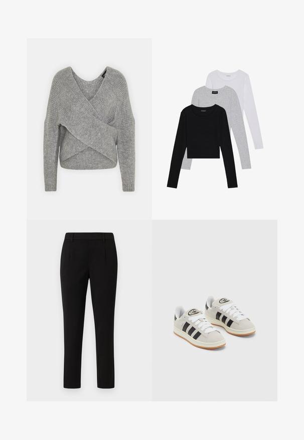 Grau umwickelter Pullover mit tiefem V-Ausschnitt, langen Ärmeln und gerippter Textur. Hergestellt aus einem weichen Strickmaterial mit einem geschichteten, asymmetrischen Design.; Drei langärmelige Oberteile gestapelt: schwarz, grau und weiß. Jedes hat einen runden Halsausschnitt und ein kurzes Design aus glattem, leichtem Stoff.; Schwarze maßgeschneiderte Hose mit geradem Beinschnitt, aus glattem Stoff gefertigt. Mit flachem Vorderteil, Gürtelschlaufen und ohne Taschen.; Graue Wildledersneaker mit weißen Schnürsenkeln, schwarzen Streifen und einer weißen Gummisohle. Merkmale sind ein kreisförmiges Logo auf der Zunge und eine Gummisohle.