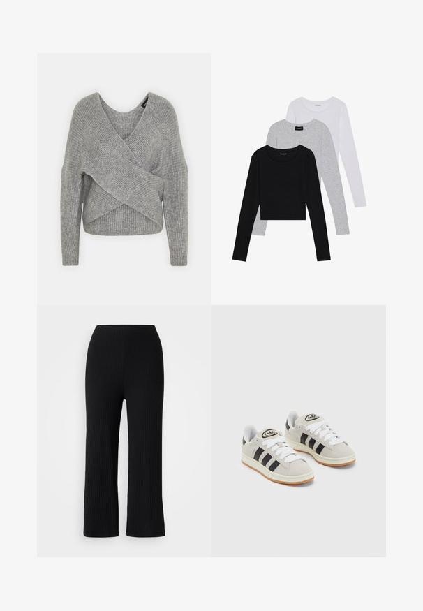 Hallide hallhargus, sügava V-kaelusega, pikkade varrukatega ja ribatrepiga. Valmistatud pehmest kudumismetallist, millel on kihiline, asümmeetriline disain.; Kolm pikkade varrukatega toppi, mis on üksteise peale asetatud: must, hall ja valge. Igal ühel on ümar kaelus ja lühike disain, valmistatud siledast, kergekaalulisest kangast.; Mustad soonikutega laiade mustade triibuliste pükside komplekt, mis on valmistatud tekstuuriga kangast ja sirge lõikega, sobides vabaks ajaks.; Hallid hallid nahkrennid valgete paeltega, mustade triipudega ja valge kummitaldiga. Omab ümmargust logo keeles ja kummitalda.