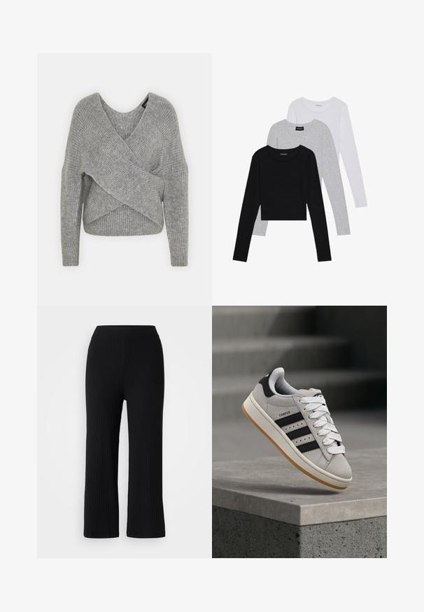 Siva omotana vestica s dubokim V-izrezom, dugim rukavima i rebrastom teksturom. Izrađena od mekog pletenog materijala s slojevitim, asimetričnim dizajnom.; Tri dugih rukava posložena: crna, siva i bijela. Svaka ima okrugli izrez i skrateni kroj s glatkom, laganom tkaninom.; Crne rebraste široke hlače s elastičnim pojasom, izrađene od teksturiranog materijala i ravnog kroja, pogodne za svakodnevno nošenje.; Siva Adidas Campus tenisica s crnim prugama i bijelim vezicama lebdi iznad betonskog ruba s ljestvama u pozadini.