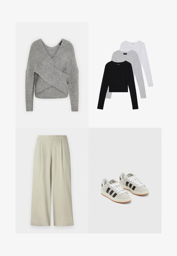 Grå omslagssweater med dyp V-hals, lange ermer og ribbestruktur. Laget av et mykt strikket materiale med et lagdelt, asymmetrisk design.; Tre lange ermer t-skjorter stablet: svart, grå og hvit. Hver har en rund hals og et kort design med glatt, lett stoff.; Lys grå, vide bukser laget av myk stoff, med en jevn midjebånd og fremre folder, som når til midten av leggen.; Grå semsket sneakers med hvite lisser, svarte striper og en hvit gummisåle. Har en sirkulær logo på tungen og en gummisåle.