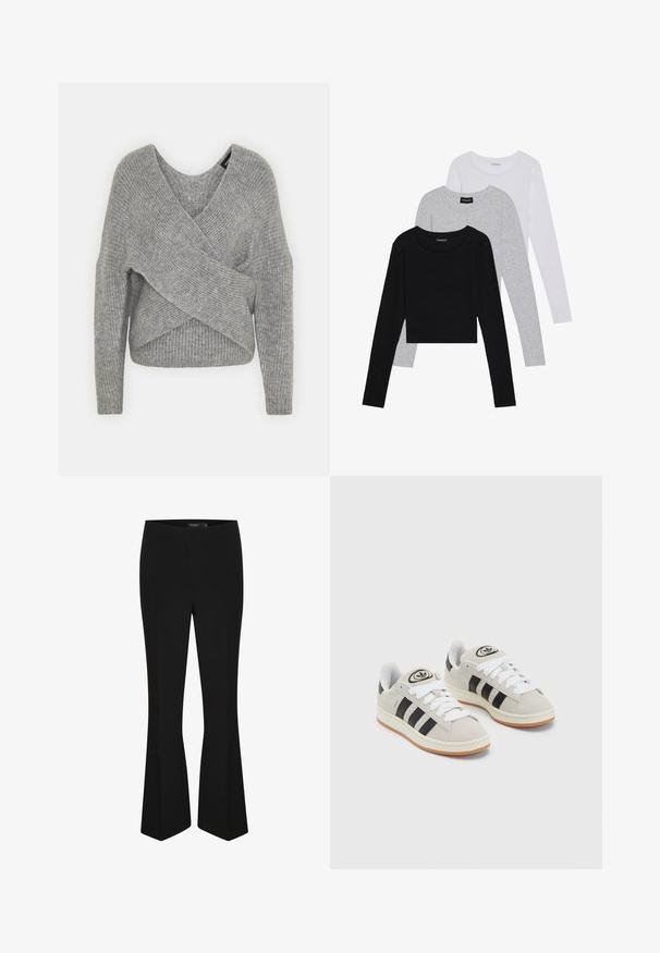 Grijze wikkeltrui met een diepe V-hals, lange mouwen en ribbelstructuur. Gemaakt van een zachte gebreide stof met een gelaagd, asymmetrisch ontwerp.; Drie langmouwige tops gestapeld: zwart, grijs en wit. Elke top heeft een ronde halslijn en een cropped ontwerp van soepel, lichtgewicht materiaal.; Zwarte flared broeken van zacht stof, met een aansluitende taille en een strakke vormgeving zonder zichtbare sluitingen of versieringen.; Grijze nubucklederen sneakers met witte veters, zwarte strepen en een witte rubberen zool. Bevat een rond logo op de tong en een gumzool.