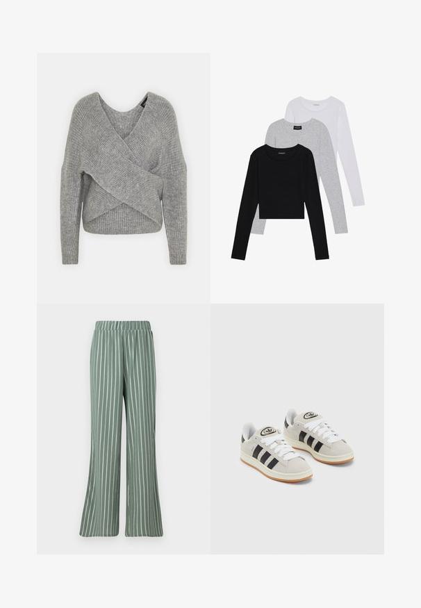 Pilkas aptraukiamas megztinis su giliu V formos iškirpimu, ilgomis rankovėmis ir riešutiniu tekstūru. Pagamintas iš minkštos megztos medžiagos su sluoksniuota, asimetrine konstrukcija.; Trijų ilgomis rankovėmis marškinėlių krūva: juodas, pilkas ir baltas. Kiekvienas turi apvalų iškirpimą ir trumpą dizainą, pagamintas iš lygaus, lengvo audinio.; Šviesiai žali, raukšlėto audinio kelnės su baltais vertikaliais dryžiais. Turi elastingą liemenį ir plačių kojų dizainą.; Grynos zomšos sneakeriai su baltais raišteliais, juodomis juostelėmis ir balta gumine sole. Turintys apskritą logotipą ant liežuvėlio ir guminę sole.