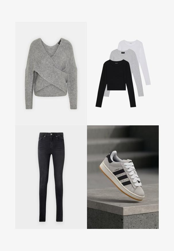 Pilkas aptraukiamas megztinis su giliu V formos iškirpimu, ilgomis rankovėmis ir riešutiniu tekstūru. Pagamintas iš minkštos megztos medžiagos su sluoksniuota, asimetrine konstrukcija.; Trijų ilgomis rankovėmis marškinėlių krūva: juodas, pilkas ir baltas. Kiekvienas turi apvalų iškirpimą ir trumpą dizainą, pagamintas iš lygaus, lengvo audinio.; Juodi liesi džinsai su penkiomis kišenėmis ir sagų uždarymu juosmenyje, pavaizduoti prieš paprastą baltą foną.; adidas Originals CAMPUS 00S W - Sportbačiai - crystal white/core black/off white