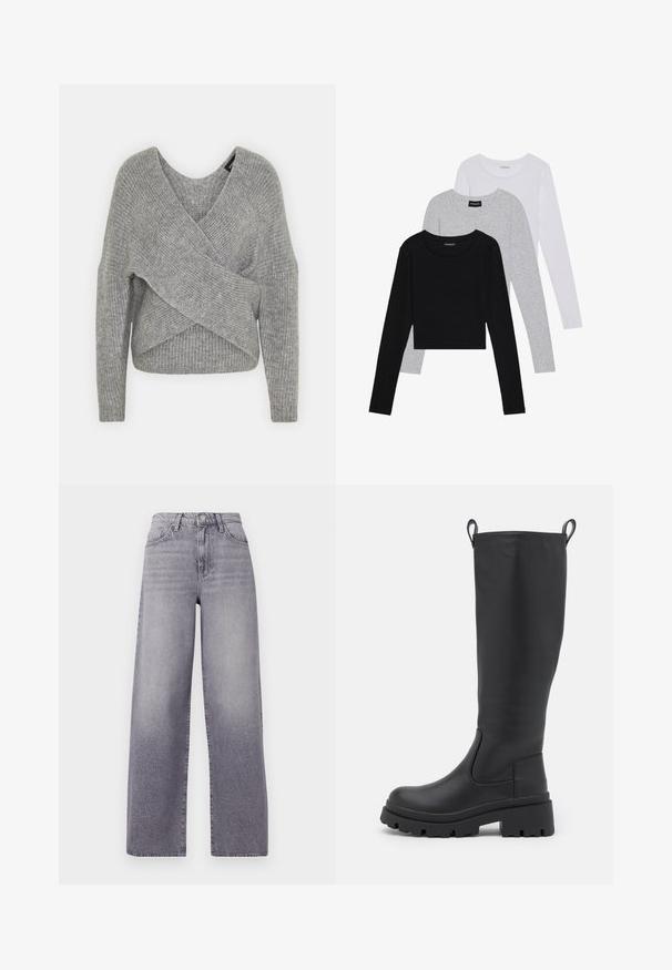 Suéter gris envolvente con un profundo escote en V, mangas largas y textura acanalada. Fabricado con un material de punto suave y un diseño asimétrico en capas.; Tres camisetas de manga larga apiladas: negra, gris y blanca. Cada una tiene un escote redondo y un diseño recortado con una tela suave y ligera.; Jeans de tiro alto y pernera ancha en denim gris claro. Presentan un diseño clásico de cinco bolsillos, un sutil desvanecimiento y un botón metálico de cierre.; Bota negra hasta la rodilla hecha de cuero suave con una suela gruesa y un leve tacón. Cuenta con tiradores y paneles elásticos en los laterales para facilitar su uso.