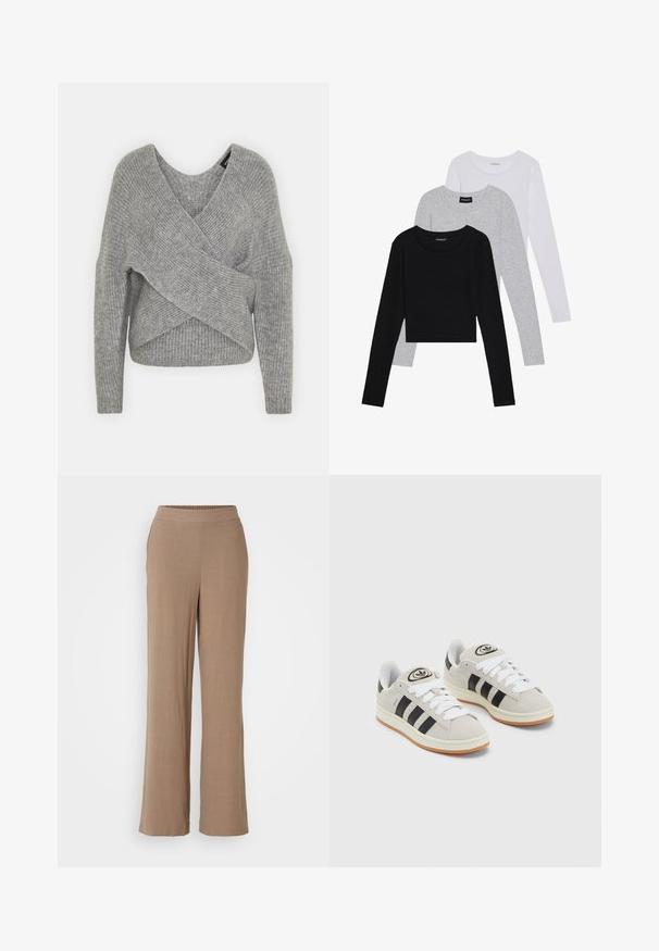 Siva ovitek pulover z globokim V-izrezom, dolgimi rokavi in ribasto teksturo. Narejen iz mehke pletene tkanine z plastnim, asimetričnim dizajnom.; Tri dolga rokava zložena: črna, siva in bela. Vsaka ima okroglo izreznico in skrajšan dizajn z gladkim, lahkotnim materialom.; Svetlo rjave široke hlače z gladko teksturo in elastičnim pasom. Brez vidnih vzorcev ali kovinskih detajlov.; Sive športne čevlje iz semiša z belimi vezalkami, črnimi črtami in belim gumijastim podplatom. Imajo okroglo oznako na ježku in podplat iz gume.