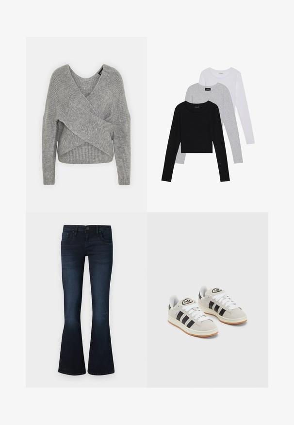 Sivý cardigan s hlbokým V- výstrihom, dlhými rukávmi a rebrovanou textúrou. Vyrobený z mäkkého pleteného materiálu s viacvrstvovým, asymetrickým dizajnom.; Tričko s dlhým rukávom v troch farbách: čiernej, sivej a bielej. Každé má okrúhly výstrih a skrátený strih vyrobený z hladkej, ľahkej tkaniny.; Tmavomodré dámske bootcut džínsy s predným gombíkom, dizajnom s piatimi vreckami a miernym vyblednutím na stehnách a kolenách na jednoduchom pozadí.; Sivé semišové tenisky s bielymi šnúrkami, čiernymi pruhmi a bielou gumovou podrážkou. Obsahujú okrúhly logo na jazyku a gumenú podrážku.