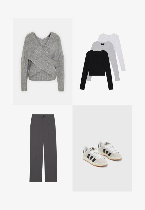 Pull en gris avec un col en V profond, des manches longues et une texture côtelée. Fabriqué en matériau tricoté doux avec un design asymétrique superposé.; Trois hauts à manches longues empilés : noir, gris et blanc. Chacun a un col rond et un design court avec un tissu lisse et léger.; Pantalons gris avec une coupe droite, comprenant deux poches latérales et une fermeture à bouton. Tissu lisse sans motifs ni accents visibles.; Baskets en suède gris avec des lacets blancs, des rayures noires et une semelle en caoutchouc blanc. Présentent un logo circulaire sur la languette et une semelle en gomme.