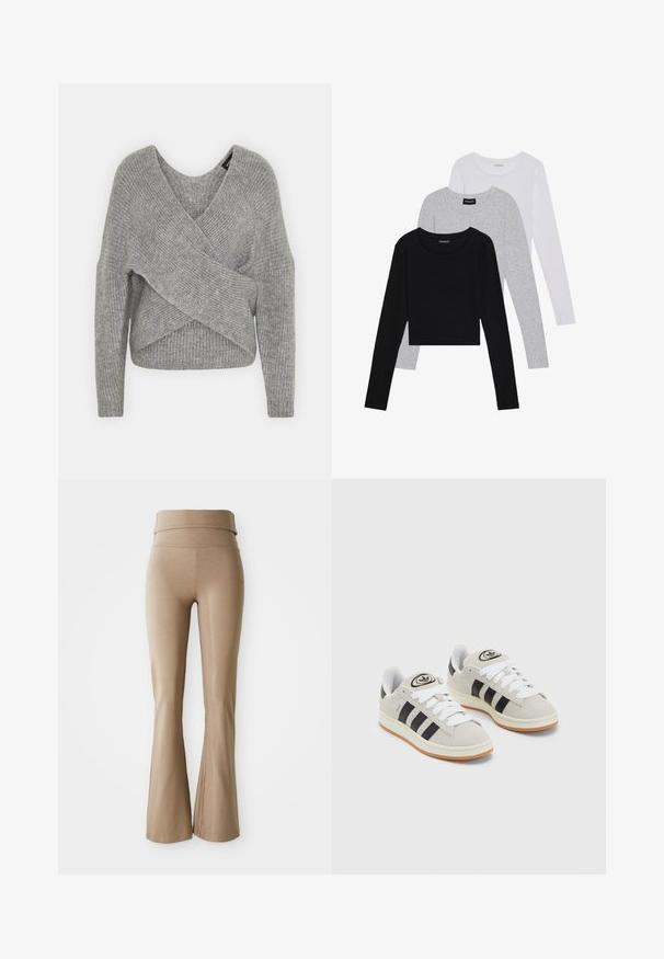 Grijze wikkeltrui met een diepe V-hals, lange mouwen en ribbelstructuur. Gemaakt van een zachte gebreide stof met een gelaagd, asymmetrisch ontwerp.; Drie langmouwige tops gestapeld: zwart, grijs en wit. Elke top heeft een ronde halslijn en een cropped ontwerp van soepel, lichtgewicht materiaal.; Beige flared leggings van rekbaar materiaal; kenmerken een brede, opvouwbare tailleband en subtiele naaddetail. Soepele textuur, aansluitend ontwerp.; Grijze nubucklederen sneakers met witte veters, zwarte strepen en een witte rubberen zool. Bevat een rond logo op de tong en een gumzool.