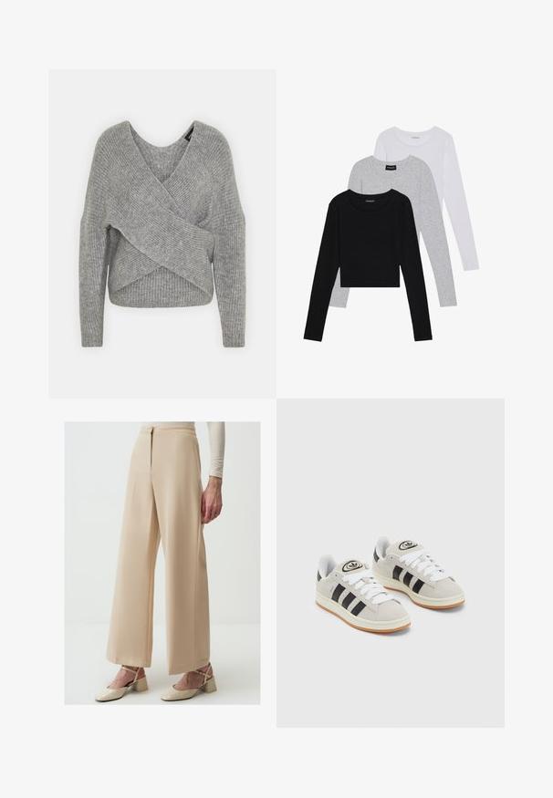 Grau umwickelter Pullover mit tiefem V-Ausschnitt, langen Ärmeln und gerippter Textur. Hergestellt aus einem weichen Strickmaterial mit einem geschichteten, asymmetrischen Design.; Drei langärmelige Oberteile gestapelt: schwarz, grau und weiß. Jedes hat einen runden Halsausschnitt und ein kurzes Design aus glattem, leichtem Stoff.; Beige weit geschnittene Hosen aus glattem Stoff, mit hoher Taille, Falten und sauberem Abschluss. Kombiniert mit beige farbenen Absatzschuhen.; Graue Wildledersneaker mit weißen Schnürsenkeln, schwarzen Streifen und einer weißen Gummisohle. Merkmale sind ein kreisförmiges Logo auf der Zunge und eine Gummisohle.