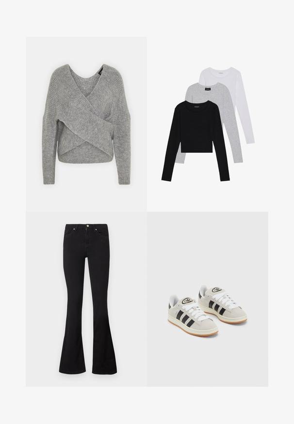 Szary sweter o luźnym kroju z głębokim dekoltem w kształcie litery V, długimi rękawami i prążkowaną teksturą. Wykonany z miękkiego materiału dzianinowego z warstwowym, asymetrycznym wzorem.; Trzy bluzki z długim rękawem ułożone jedna na drugiej: czarna, szara i biała. Każda z okrągłym dekoltem i skróconym fasonem, wykonana z gładkiego, lekkiego materiału.; Czarne jeansy z wysokim stanem, z rozszerzanymi nogawkami, z przodu na guziki i zamek błyskawiczny oraz pięcioma kieszeniami na białym tle.; Szare zamszowe trampki z białymi sznurówkami, czarnymi paskami i białą gumową podeszwą. Posiadają okrągłe logo na języku oraz gumową podeszwę.
