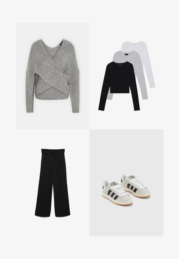 Suéter cinza envolvente com um decote em V profundo, mangas longas e textura canelada. Feito de um material de malha suave com um design assimétrico em camadas.; Três camisetas de manga longa empilhadas: preta, cinza e branca. Cada uma tem um decote redondo e um design cropped, feitas de um tecido leve e suave.; Calças pretas de perna larga com cintura alta, apresentando dois botões frontais e textura suave. Corte direito com pregas na frente.; Tênis de camurça cinza com atacadores brancos, riscas pretas e uma sola de borracha branca. Apresenta um logótipo circular na língua e uma sola de borracha.