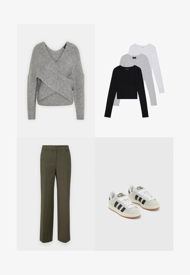 Szary sweter o luźnym kroju z głębokim dekoltem w kształcie litery V, długimi rękawami i prążkowaną teksturą. Wykonany z miękkiego materiału dzianinowego z warstwowym, asymetrycznym wzorem.; Trzy bluzki z długim rękawem ułożone jedna na drugiej: czarna, szara i biała. Każda z okrągłym dekoltem i skróconym fasonem, wykonana z gładkiego, lekkiego materiału.; Spodnie w oliwkowym kolorze, kroju dopasowanego, wykonane z fakturowanej tkaniny. Posiadają prostą nogawkę, gładki przód i brak widocznych ozdób.; Szare zamszowe trampki z białymi sznurówkami, czarnymi paskami i białą gumową podeszwą. Posiadają okrągłe logo na języku oraz gumową podeszwę.