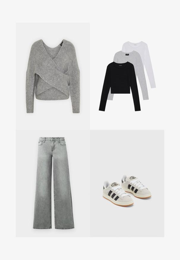 Suéter cinza envolvente com um decote em V profundo, mangas longas e textura canelada. Feito de um material de malha suave com um design assimétrico em camadas.; Três camisetas de manga longa empilhadas: preta, cinza e branca. Cada uma tem um decote redondo e um design cropped, feitas de um tecido leve e suave.; Calças de ganga largas cinzentas, com cinco bolsos, cintura alta e um acabamento ligeiramente desbotado com costuras visíveis.; Tênis de camurça cinza com atacadores brancos, riscas pretas e uma sola de borracha branca. Apresenta um logótipo circular na língua e uma sola de borracha.