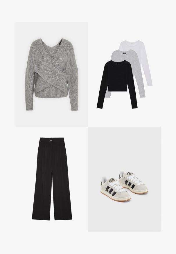 Pelēka apvalka džemperis ar dziļu V veida kakla izgriezumu, garām piedurknēm un ribu tekstūru. Izgatavots no mīksta adījuma materiāla ar slāņotu, asimetrisku dizainu.; Trīs garām piedurknēm veidotas augšdaļas, sakrautās: melna, pelēka un balta. Katram ir noapaļots kakla izgriezums un īsa dizaina forma ar gludu, vieglu audumu.; Melni platā kāju bikses ar krokām, ar pogu aizdari un divām sānu kabatām; gluda tekstūra ar pielāgotu dizainu.; Pelēkas zamšādas kedas ar baltām saites, melnām svītrām un baltu gumijas zoli. Raksturīga apļa logo uz mēles un gumijas zole.