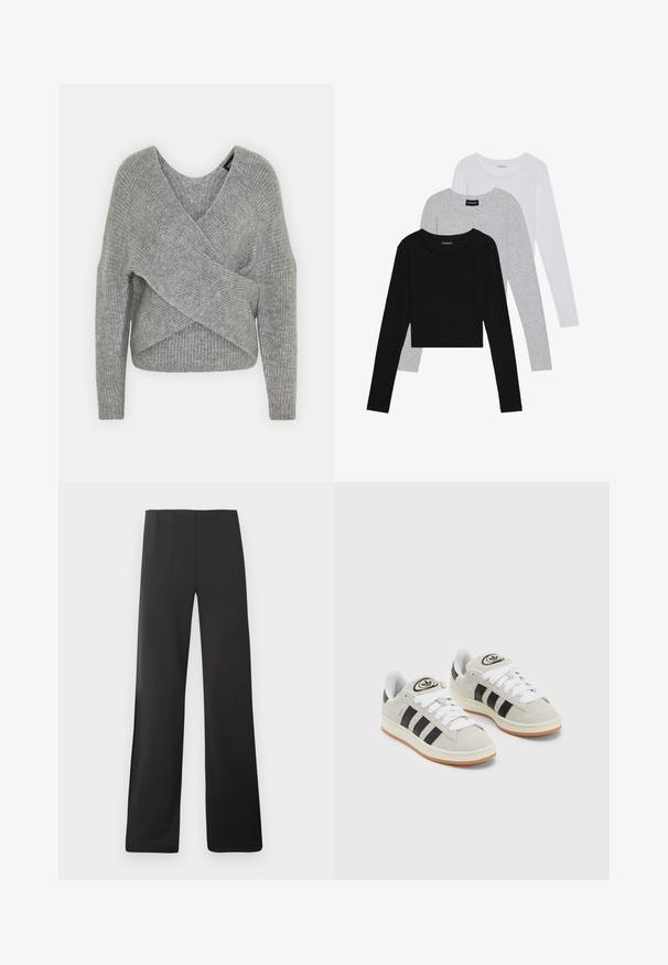 Szürke, mély V kivágású, hosszú ujjú kötött pulóver, bordás textúrával. Puha kötött anyagból készült, réteges, aszimmetrikus dizájnnal.; Három hosszú ujjú póló egymásra rakva: fekete, szürke és fehér. Mindegyiknek kerek nyaka van, és rövidített fazonnal rendelkezik, sima, könnyű anyagból készült.; Fekete, bő szárú nadrág sima anyagból, magas derékkal és teljes hosszúsággal, látható minták vagy fémrészek nélkül.; Szürke velúr sportcipők fehér fűzővel, fekete csíkokkal és fehér gumitalppal. A nyelvén kör alakú logó található, illetve a talpa színes gumi.