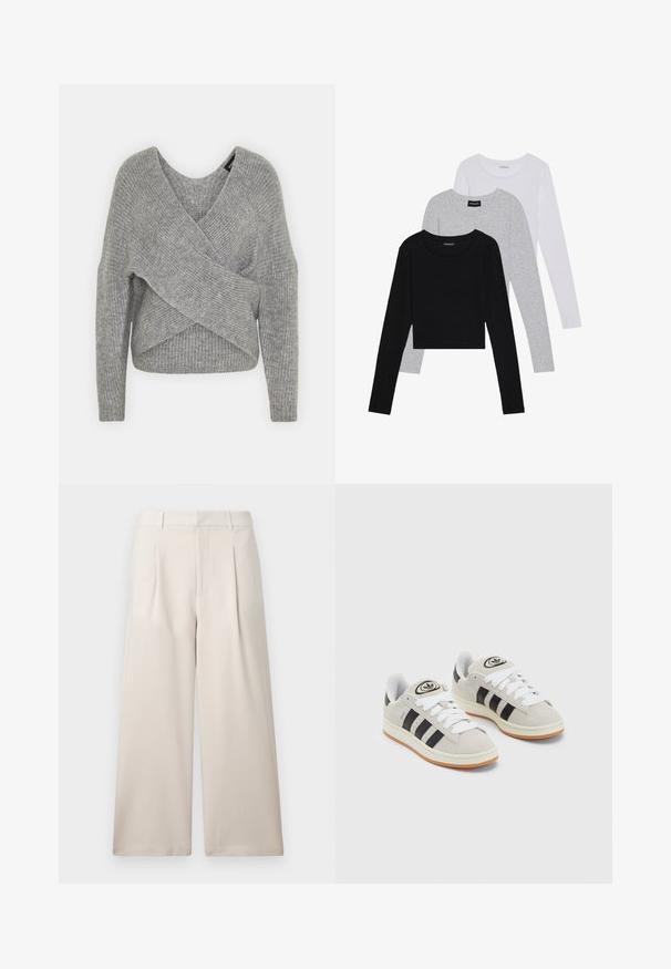 Szürke, mély V kivágású, hosszú ujjú kötött pulóver, bordás textúrával. Puha kötött anyagból készült, réteges, aszimmetrikus dizájnnal.; Három hosszú ujjú póló egymásra rakva: fekete, szürke és fehér. Mindegyiknek kerek nyaka van, és rövidített fazonnal rendelkezik, sima, könnyű anyagból készült.; ONLY ONLLANDO PLEAT CULOTTE PANT - Nadrágok - pumice stone; Szürke velúr sportcipők fehér fűzővel, fekete csíkokkal és fehér gumitalppal. A nyelvén kör alakú logó található, illetve a talpa színes gumi.