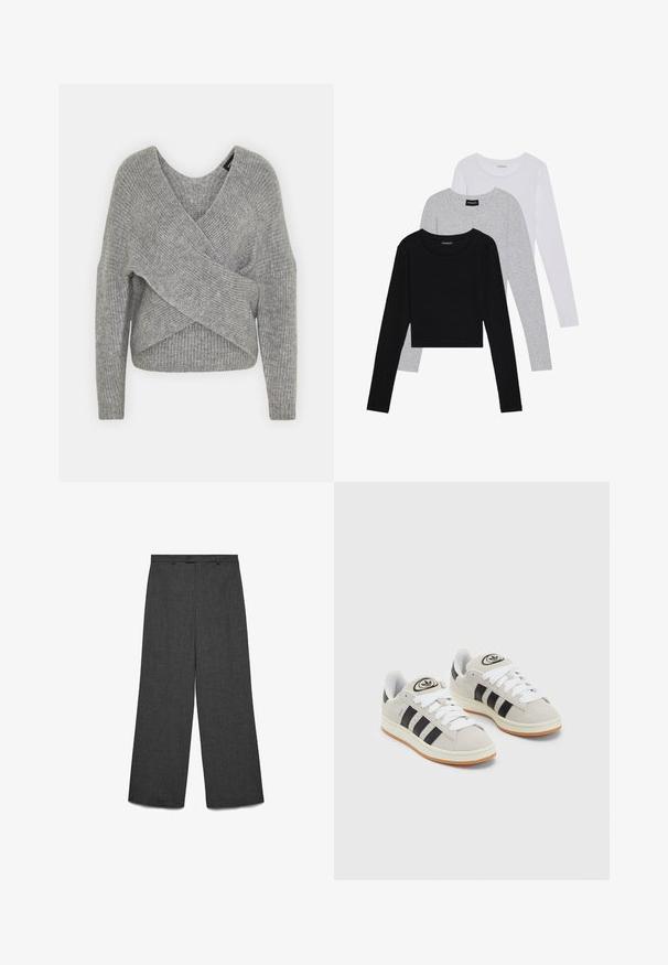 Grå omslagssweater med dyp V-hals, lange ermer og ribbestruktur. Laget av et mykt strikket materiale med et lagdelt, asymmetrisk design.; Tre lange ermer t-skjorter stablet: svart, grå og hvit. Hver har en rund hals og et kort design med glatt, lett stoff.; Vidbensbukser i mørkegrå stoff, med knappelukking, glatt front og vertikal tekstur. Rett snitt med minimale detaljer.; Grå semsket sneakers med hvite lisser, svarte striper og en hvit gummisåle. Har en sirkulær logo på tungen og en gummisåle.