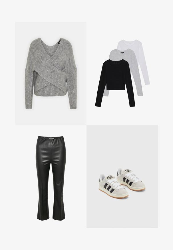 Szürke, mély V kivágású, hosszú ujjú kötött pulóver, bordás textúrával. Puha kötött anyagból készült, réteges, aszimmetrikus dizájnnal.; Három hosszú ujjú póló egymásra rakva: fekete, szürke és fehér. Mindegyiknek kerek nyaka van, és rövidített fazonnal rendelkezik, sima, könnyű anyagból készült.; Fekete műbőr nadrág sima felülettel, rugalmas derékkal és harang alakú szegéllyel, függőleges varrásokkal.; Szürke velúr sportcipők fehér fűzővel, fekete csíkokkal és fehér gumitalppal. A nyelvén kör alakú logó található, illetve a talpa színes gumi.