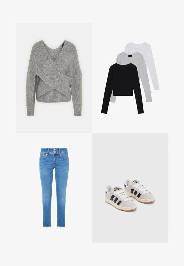 Pilkas aptraukiamas megztinis su giliu V formos iškirpimu, ilgomis rankovėmis ir riešutiniu tekstūru. Pagamintas iš minkštos megztos medžiagos su sluoksniuota, asimetrine konstrukcija.; Trijų ilgomis rankovėmis marškinėlių krūva: juodas, pilkas ir baltas. Kiekvienas turi apvalų iškirpimą ir trumpą dizainą, pagamintas iš lygaus, lengvo audinio.; Šviesiai mėlyni džinsai su tiesiu kirpimu, pagaminti iš džinsinio audinio. Yra dvi sagos juosmens srityje, švelniai blukinti ir turi penkių kišenių dizainą.; Grynos zomšos sneakeriai su baltais raišteliais, juodomis juostelėmis ir balta gumine sole. Turintys apskritą logotipą ant liežuvėlio ir guminę sole.