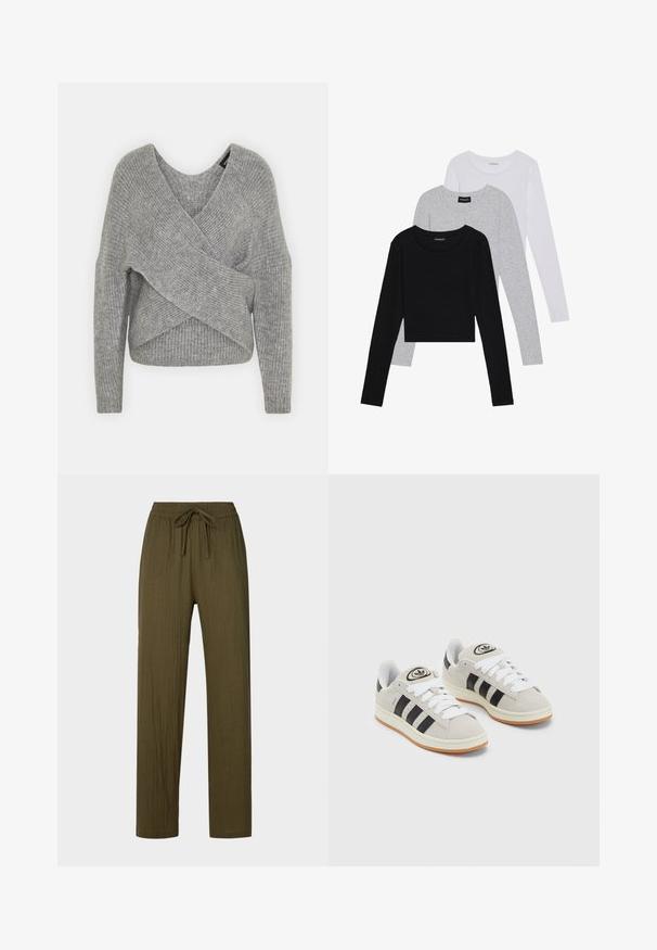Grå indpakningssweater med dyb V-udskæring, lange ærmer og ribbet tekstur. Fremstillet i et blødt strikkemateriale med et lagdelt, asymmetrisk design.; Tre langærmede toppe stablet: sort, grå og hvid. Hver har en rund halsudskæring og et cropped design med glat, let stof.; Oliven grønne, plisserede, letvægtsbukser med snor i taljen og lige ben. Materialet har en blød, tekstureret overflade.; Grå ruskinds sneakers med hvide snørebånd, sorte striber og en hvid gummisål. Har et rundt logo på tungen og en gummisål.