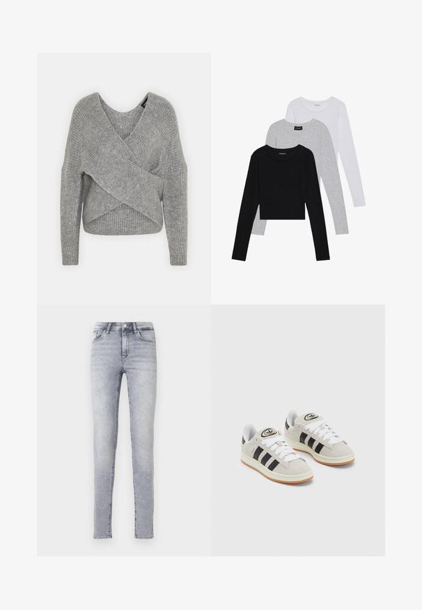 Hallide hallhargus, sügava V-kaelusega, pikkade varrukatega ja ribatrepiga. Valmistatud pehmest kudumismetallist, millel on kihiline, asümmeetriline disain.; Kolm pikkade varrukatega toppi, mis on üksteise peale asetatud: must, hall ja valge. Igal ühel on ümar kaelus ja lühike disain, valmistatud siledast, kergekaalulisest kangast.; Helehallid kitsad teksad, mis on valmistatud denimist, kõrge vöökoht, vööloopidega ja klassikalise viie tasku disainiga, kerge pleekimisega.; Hallid hallid nahkrennid valgete paeltega, mustade triipudega ja valge kummitaldiga. Omab ümmargust logo keeles ja kummitalda.