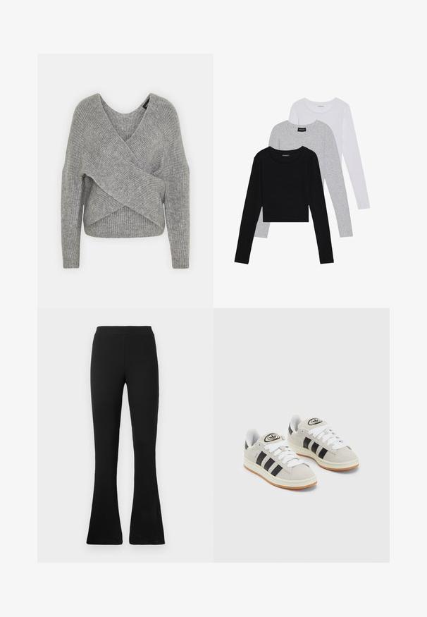 Suéter cinza envolvente com um decote em V profundo, mangas longas e textura canelada. Feito de um material de malha suave com um design assimétrico em camadas.; Três camisetas de manga longa empilhadas: preta, cinza e branca. Cada uma tem um decote redondo e um design cropped, feitas de um tecido leve e suave.; Calças flare pretas de rilho com cintura alta. Material suave e elástico proporciona uma silhueta ajustada e uma parte inferior ampla para estilo e conforto.; Tênis de camurça cinza com atacadores brancos, riscas pretas e uma sola de borracha branca. Apresenta um logótipo circular na língua e uma sola de borracha.