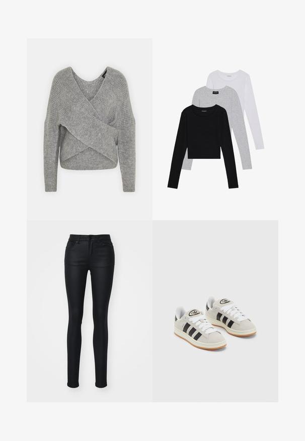 Suéter cinza envolvente com um decote em V profundo, mangas longas e textura canelada. Feito de um material de malha suave com um design assimétrico em camadas.; Três camisetas de manga longa empilhadas: preta, cinza e branca. Cada uma tem um decote redondo e um design cropped, feitas de um tecido leve e suave.; Calças skinny pretas feitas de denim suave e elástico. Apresenta uma cintura de altura média, cinco bolsos e passadores de cinto. Design clássico de cinco bolsos.; Tênis de camurça cinza com atacadores brancos, riscas pretas e uma sola de borracha branca. Apresenta um logótipo circular na língua e uma sola de borracha.