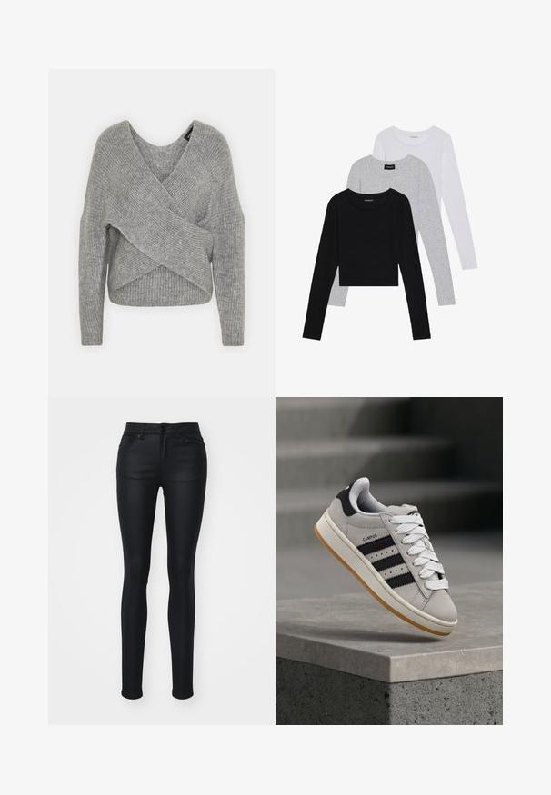 Siva ovitek pulover z globokim V-izrezom, dolgimi rokavi in ribasto teksturo. Narejen iz mehke pletene tkanine z plastnim, asimetričnim dizajnom.; Tri dolga rokava zložena: črna, siva in bela. Vsaka ima okroglo izreznico in skrajšan dizajn z gladkim, lahkotnim materialom.; Črne ozke kavbojke iz gladkega, raztegljivega jeansa. Imajo srednje visok pas, pet žepov in zanke za pas. Klasičen dizajn s petimi žepi.; adidas Originals CAMPUS 00S W - Športni copati - crystal white/core black/off white
