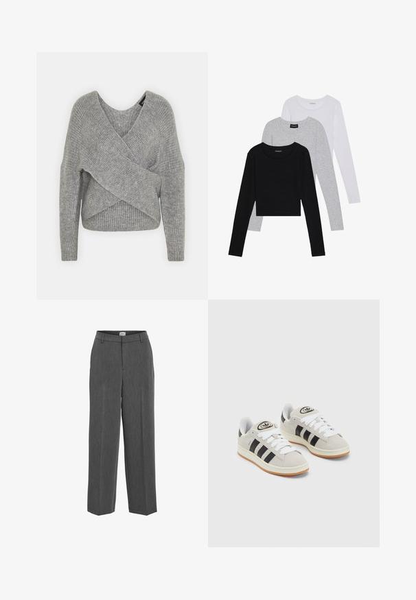 Gray wrap sweater with a deep V-neck, long sleeves, and ribbed texture. Made from a soft knit material with a layered, asymmetrical design.; Three long-sleeve tops stacked: black, grey, and white. Each has a round neckline and a cropped design with smooth, lightweight fabric.; Gray tailored pants with a straight-leg design, flat front, and subtle texture. Features a waistband with belt loops and no visible pockets.; Gray suede sneakers with white laces, black stripes, and a white rubber sole. Features a circular logo on the tongue and a gum sole.