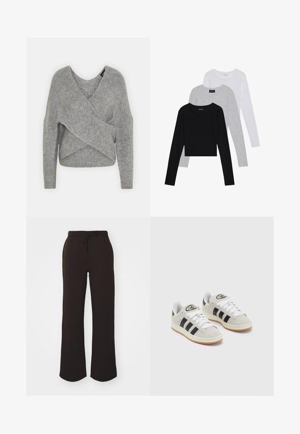Grau umwickelter Pullover mit tiefem V-Ausschnitt, langen Ärmeln und gerippter Textur. Hergestellt aus einem weichen Strickmaterial mit einem geschichteten, asymmetrischen Design.; Drei langärmelige Oberteile gestapelt: schwarz, grau und weiß. Jedes hat einen runden Halsausschnitt und ein kurzes Design aus glattem, leichtem Stoff.; Gina Tricot ICONIC - Jogginghose - dark brown; Graue Wildledersneaker mit weißen Schnürsenkeln, schwarzen Streifen und einer weißen Gummisohle. Merkmale sind ein kreisförmiges Logo auf der Zunge und eine Gummisohle.