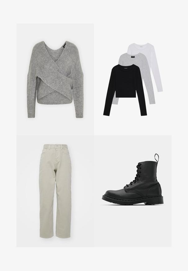 Hallide hallhargus, sügava V-kaelusega, pikkade varrukatega ja ribatrepiga. Valmistatud pehmest kudumismetallist, millel on kihiline, asümmeetriline disain.; Kolm pikkade varrukatega toppi, mis on üksteise peale asetatud: must, hall ja valge. Igal ühel on ümar kaelus ja lühike disain, valmistatud siledast, kergekaalulisest kangast.; Beez, sirged jalad, mis on valmistatud puuvillast ja millel on sile tekstuur. Omab vöölukke, ühte nupuga sulgemist ja kahte esikäe.; Mustad mustavi combat kingad ümmarguse varbaga, paeltega esiosa ja säärel tõmbeaas. Omab paksu kummist tallat, mis tagab vastupidavuse.