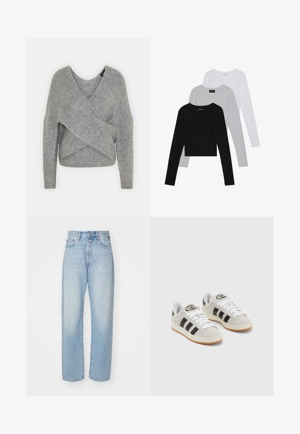 Hallide hallhargus, sügava V-kaelusega, pikkade varrukatega ja ribatrepiga. Valmistatud pehmest kudumismetallist, millel on kihiline, asümmeetriline disain.; Kolm pikkade varrukatega toppi, mis on üksteise peale asetatud: must, hall ja valge. Igal ühel on ümar kaelus ja lühike disain, valmistatud siledast, kergekaalulisest kangast.; Heledad sinine sirge lõikega teksapüksid, mis on valmistatud denimist, omavad kõrget talje, viit taskut ja nööbiga sulgemist.; Hallid hallid nahkrennid valgete paeltega, mustade triipudega ja valge kummitaldiga. Omab ümmargust logo keeles ja kummitalda.