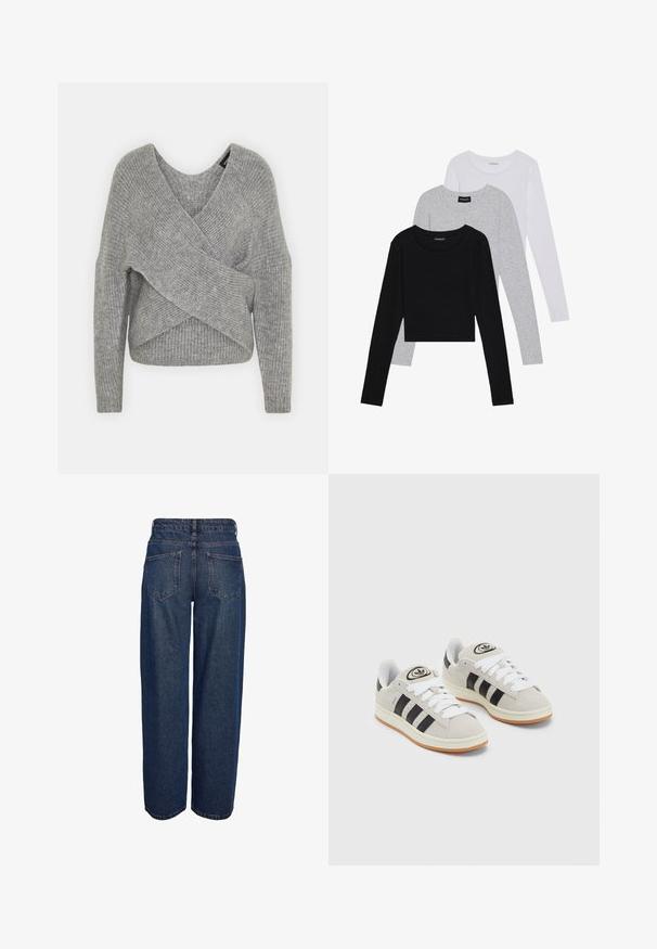Siva ovitek pulover z globokim V-izrezom, dolgimi rokavi in ribasto teksturo. Narejen iz mehke pletene tkanine z plastnim, asimetričnim dizajnom.; Tri dolga rokava zložena: črna, siva in bela. Vsaka ima okroglo izreznico in skrajšan dizajn z gladkim, lahkotnim materialom.; Modre jeans hlače iz denima z visokim pasom, širokimi nogavicami in dvema zadnjima žepoma. Šivi so vidni ob šivih in pasu.; Sive športne čevlje iz semiša z belimi vezalkami, črnimi črtami in belim gumijastim podplatom. Imajo okroglo oznako na ježku in podplat iz gume.