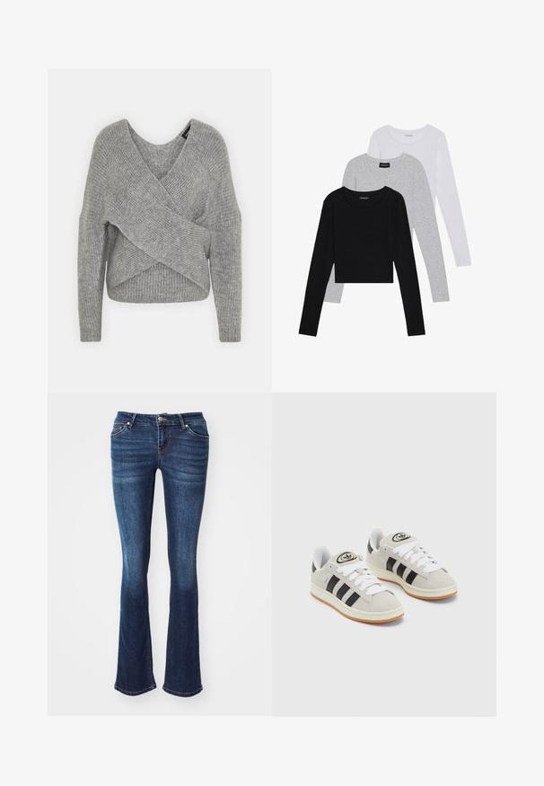 Szary sweter o luźnym kroju z głębokim dekoltem w kształcie litery V, długimi rękawami i prążkowaną teksturą. Wykonany z miękkiego materiału dzianinowego z warstwowym, asymetrycznym wzorem.; Trzy bluzki z długim rękawem ułożone jedna na drugiej: czarna, szara i biała. Każda z okrągłym dekoltem i skróconym fasonem, wykonana z gładkiego, lekkiego materiału.; Ciemnoniebieskie dżinsy w stylu dzwonów wykonane z denimu. Posiadają pięć kieszeni, zapięcie na zamek błyskawiczny z guzikiem oraz delikatne przetarcia na przednich udach.; Szare zamszowe trampki z białymi sznurówkami, czarnymi paskami i białą gumową podeszwą. Posiadają okrągłe logo na języku oraz gumową podeszwę.
