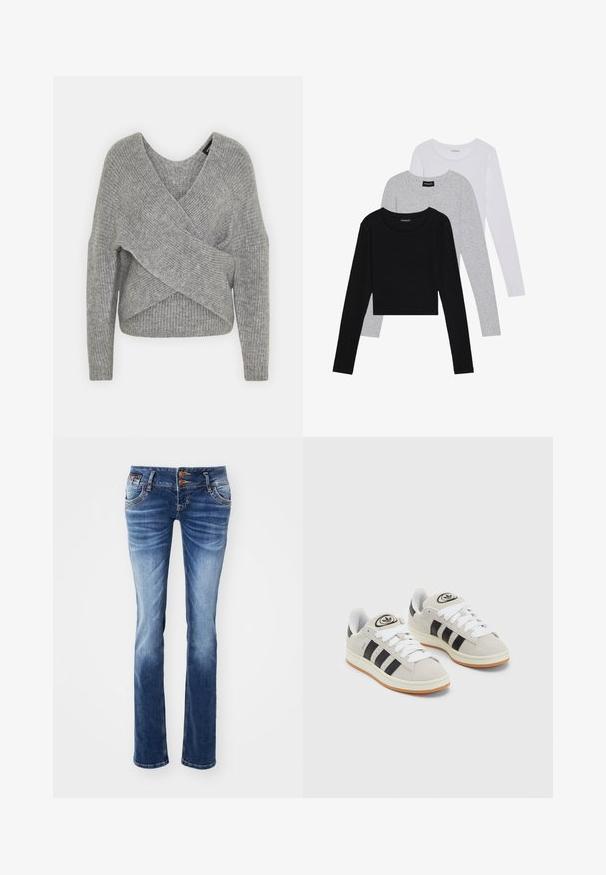 Siva ovitek pulover z globokim V-izrezom, dolgimi rokavi in ribasto teksturo. Narejen iz mehke pletene tkanine z plastnim, asimetričnim dizajnom.; Tri dolga rokava zložena: črna, siva in bela. Vsaka ima okroglo izreznico in skrajšan dizajn z gladkim, lahkotnim materialom.; Denim hlače z gradientom od svetlo do temno modre, s klasičnim petim žepnim dizajnom, kovinskimi gumbi in ravno prileganje.; Sive športne čevlje iz semiša z belimi vezalkami, črnimi črtami in belim gumijastim podplatom. Imajo okroglo oznako na ježku in podplat iz gume.