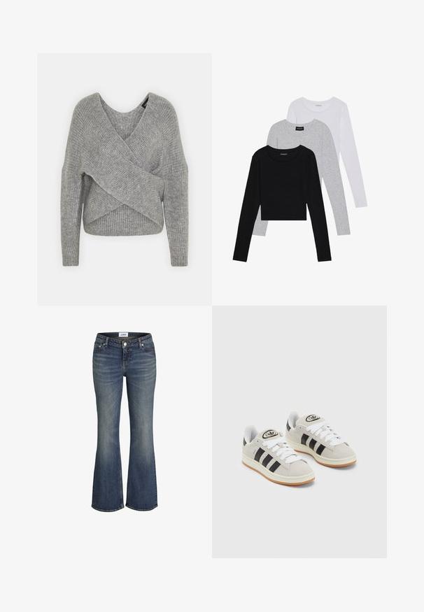 Pilkas aptraukiamas megztinis su giliu V formos iškirpimu, ilgomis rankovėmis ir riešutiniu tekstūru. Pagamintas iš minkštos megztos medžiagos su sluoksniuota, asimetrine konstrukcija.; Trijų ilgomis rankovėmis marškinėlių krūva: juodas, pilkas ir baltas. Kiekvienas turi apvalų iškirpimą ir trumpą dizainą, pagamintas iš lygaus, lengvo audinio.; Mėlynos džinsinės kelnės su šiek tiek nudėvėtomis vietomis ant šlaunų ir kelių, su priekiniais sagomis ir užtrauktuku, bei su bootcut stiliaus kojomis.; Grynos zomšos sneakeriai su baltais raišteliais, juodomis juostelėmis ir balta gumine sole. Turintys apskritą logotipą ant liežuvėlio ir guminę sole.