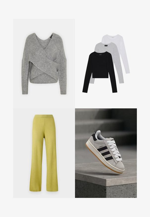 Gray wrap sweater with a deep V-neck, long sleeves, and ribbed texture. Made from a soft knit material with a layered, asymmetrical design.; Three long-sleeve tops stacked: black, grey, and white. Each has a round neckline and a cropped design with smooth, lightweight fabric.; Yellow ribbed knit trousers with a relaxed fit, wide legs, and an elastic waistband. Texture appears soft and stretchy.; Gray Adidas Campus sneaker with black stripes and white laces floating above a concrete ledge with stairs in the background.