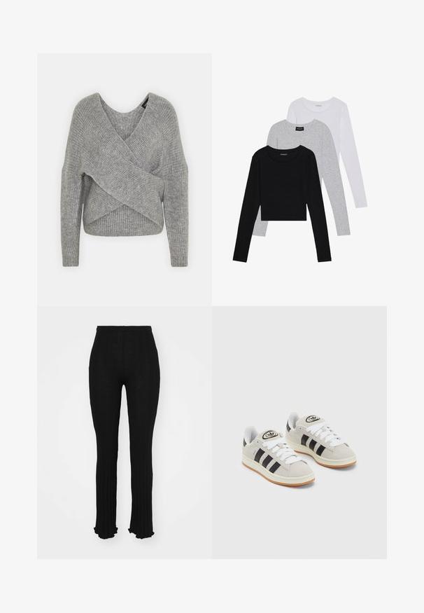 Pelēka apvalka džemperis ar dziļu V veida kakla izgriezumu, garām piedurknēm un ribu tekstūru. Izgatavots no mīksta adījuma materiāla ar slāņotu, asimetrisku dizainu.; Trīs garām piedurknēm veidotas augšdaļas, sakrautās: melna, pelēka un balta. Katram ir noapaļots kakla izgriezums un īsa dizaina forma ar gludu, vieglu audumu.; Melnas ribota bikses ar izliektu apakšu, ar strukturētu dizainu un elastīgu jostu. Gluda, viegla auduma ar pieguļošu siluetu.; Pelēkas zamšādas kedas ar baltām saites, melnām svītrām un baltu gumijas zoli. Raksturīga apļa logo uz mēles un gumijas zole.