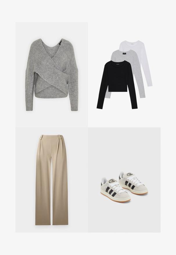 Pilkas aptraukiamas megztinis su giliu V formos iškirpimu, ilgomis rankovėmis ir riešutiniu tekstūru. Pagamintas iš minkštos megztos medžiagos su sluoksniuota, asimetrine konstrukcija.; Trijų ilgomis rankovėmis marškinėlių krūva: juodas, pilkas ir baltas. Kiekvienas turi apvalų iškirpimą ir trumpą dizainą, pagamintas iš lygaus, lengvo audinio.; Šviesiai rudos plačios kelnės su lygia tekstūra, turinčios du dekoratyvinius mygtukus ties juosmeniu ir subtilių klosčių, suteikiančių papildomo akcento.; Grynos zomšos sneakeriai su baltais raišteliais, juodomis juostelėmis ir balta gumine sole. Turintys apskritą logotipą ant liežuvėlio ir guminę sole.