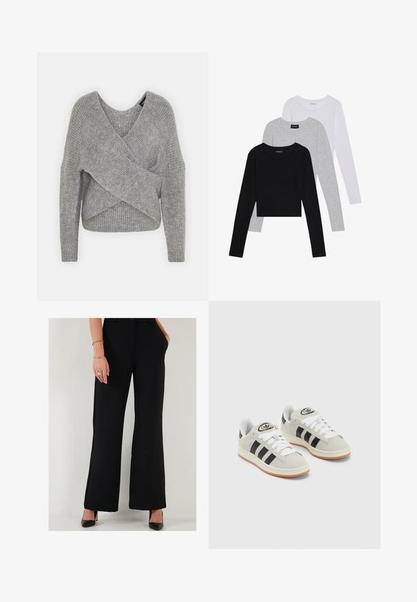 Gray wrap sweater with a deep V-neck, long sleeves, and ribbed texture. Made from a soft knit material with a layered, asymmetrical design.; Three long-sleeve tops stacked: black, grey, and white. Each has a round neckline and a cropped design with smooth, lightweight fabric.; Black wide-leg trousers made of smooth fabric with front pockets, featuring a fitted waistband and a button closure at the front.; Gray suede sneakers with white laces, black stripes, and a white rubber sole. Features a circular logo on the tongue and a gum sole.