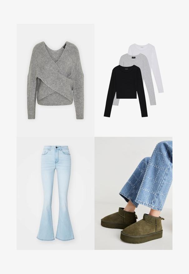 Grå omslagssweater med dyp V-hals, lange ermer og ribbestruktur. Laget av et mykt strikket materiale med et lagdelt, asymmetrisk design.; Tre lange ermer t-skjorter stablet: svart, grå og hvit. Hver har en rund hals og et kort design med glatt, lett stoff.; Lyseblå utsvungne jeans laget av denim, med høy midje, fem lommer og glidelås med en enkelt knapplukking.; Olivengrønne ruskinds ankelstøvler med en tyk, struktureret sål og en strop. Kombineret med lyseblå, dekorerede denim jeans.