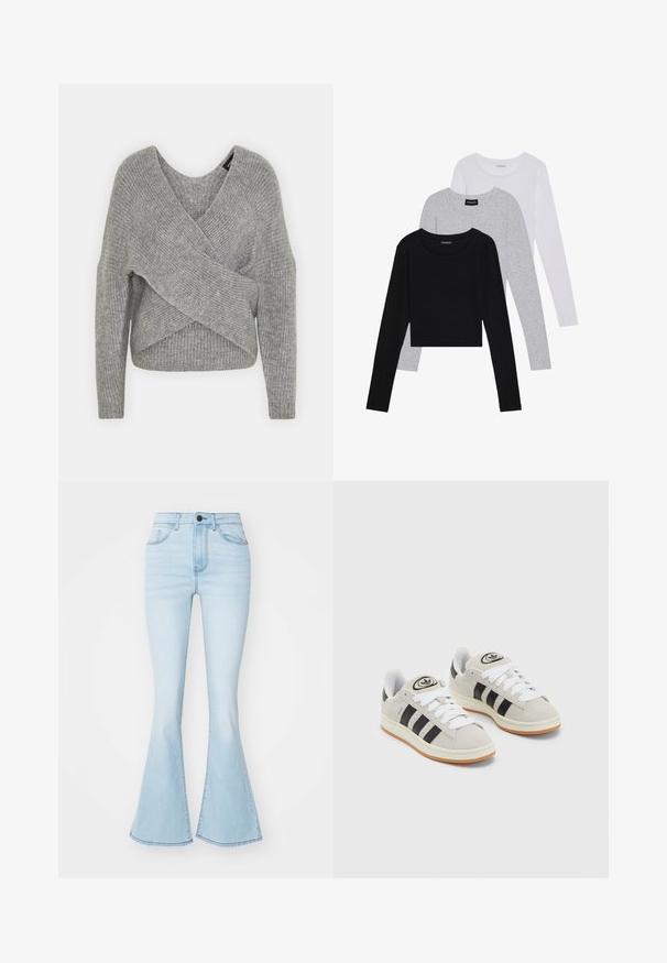 Šedý svetr s volnějším V-výstřihem, dlouhými rukávy a žebrovanou strukturou. Vyrobeno z měkké pleteniny s vrstveným, asymetrickým designem.; Tři trička s dlouhým rukávem naskládaná na sobě: černé, šedé a bílé. Každé má kulatý výstřih a kratší střih z hladkého, lehkého materiálu.; Světle modré rozšířené džíny vyrobené z džínsoviny, s vysokým pasem, pěti kapsami a zipovým zapínáním s jedním knoflíkem.; Šedé semišové tenisky s bílými tkaničkami, černými pruhy a bílou gumovou podrážkou. Mají kulaté logo na jazyku a gumovou podrážku.